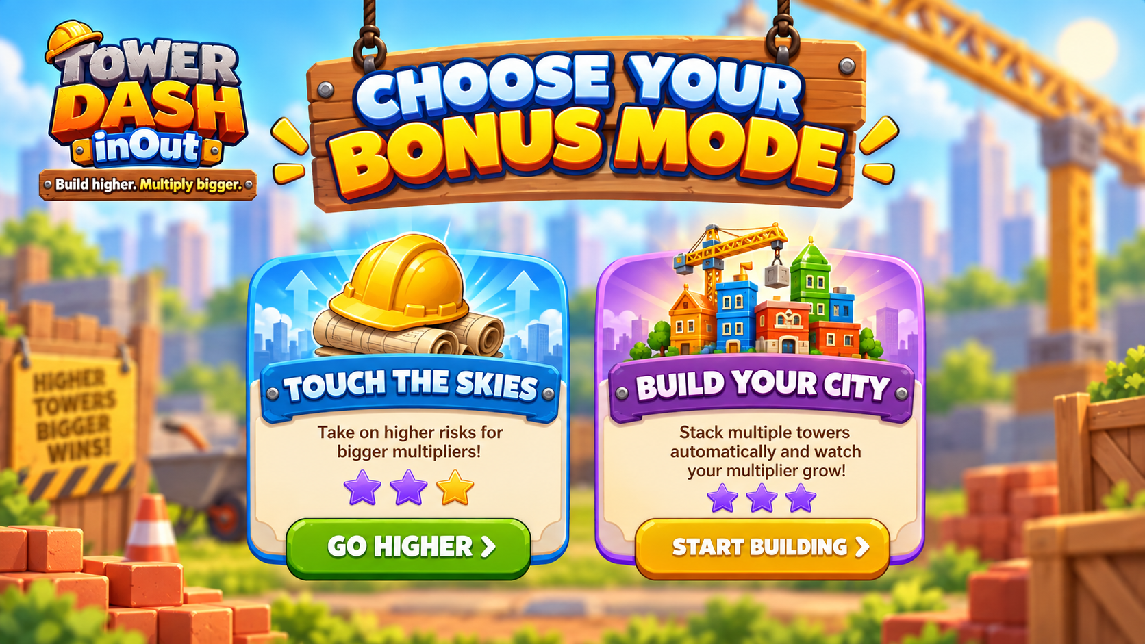 Écran Buy Bonus du jeu Tower Dash avec les modes Touch the Skies et Build Your City