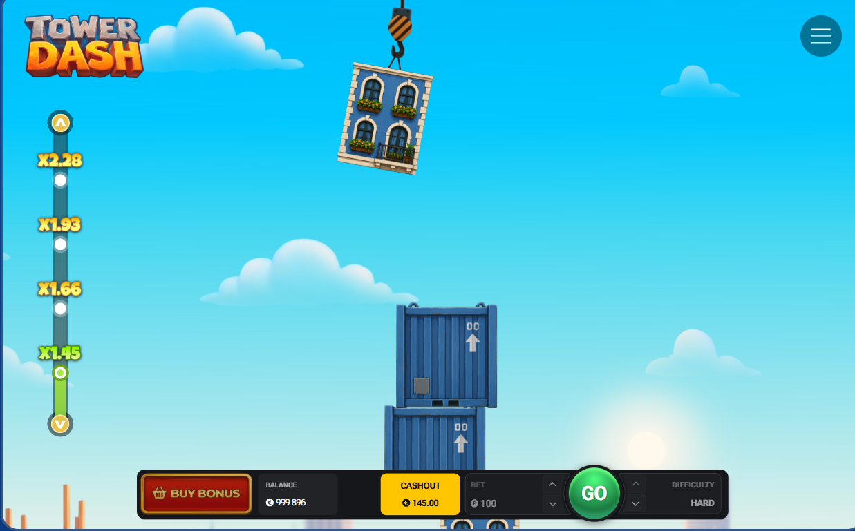 Partie du jeu Tower Dash montrant l'échelle des multiplicateurs et le panneau Cash Out en difficulté Hard
