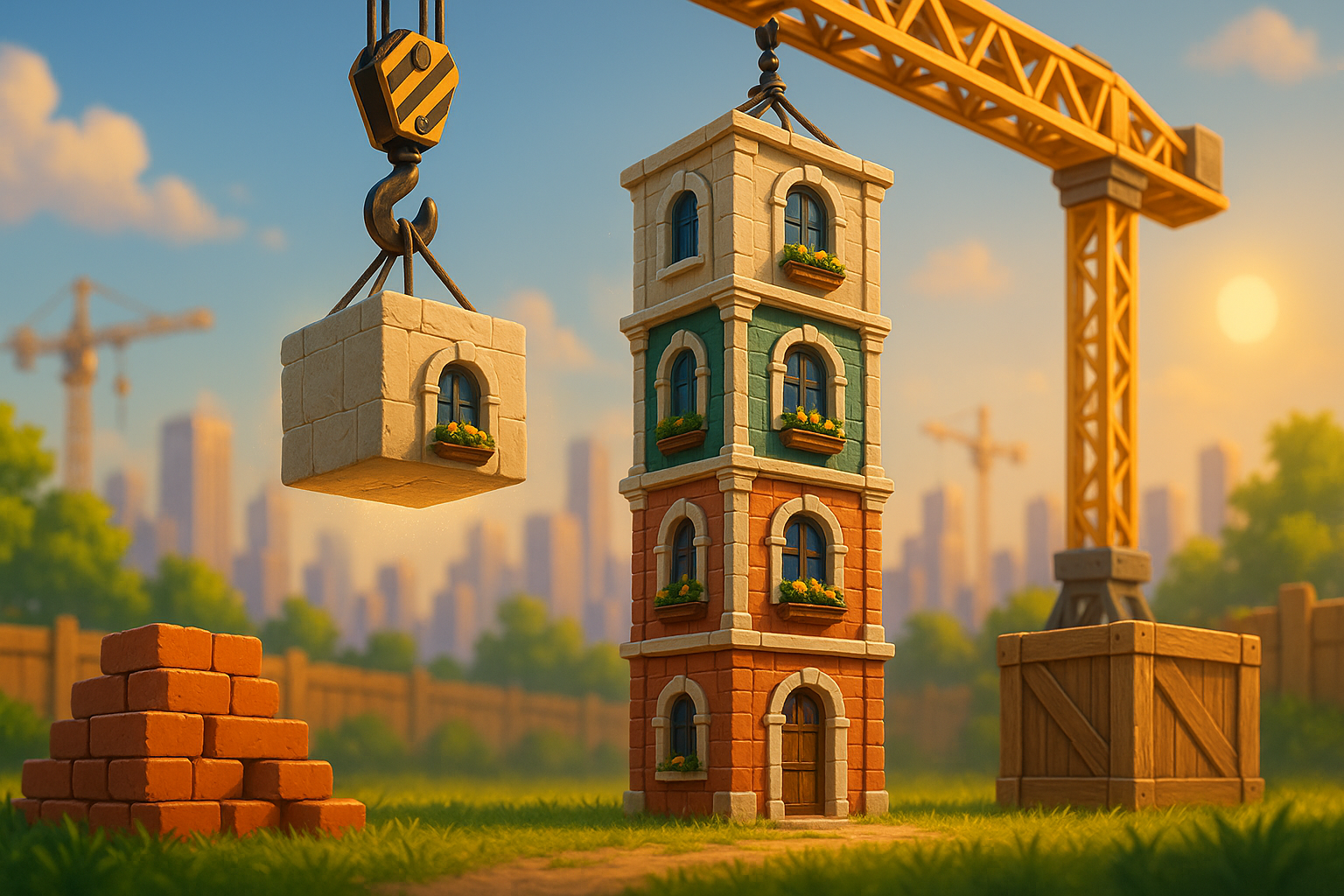 Thème chantier de construction du jeu Tower Dash : une grue abaisse un bloc sur une tour colorée